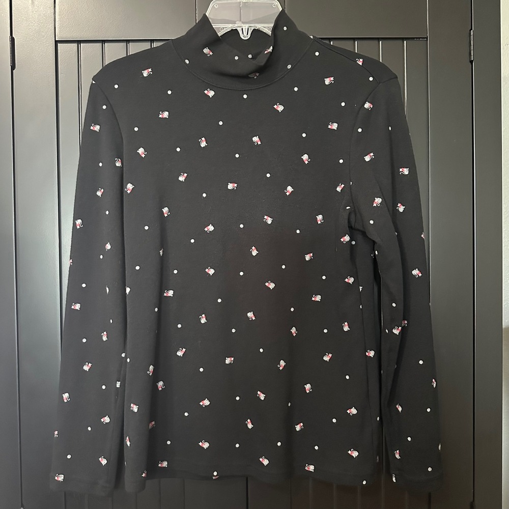 Karen Scott Mock Neck Top Small Black Polka Dot Cats Classic Minimalist Preppy